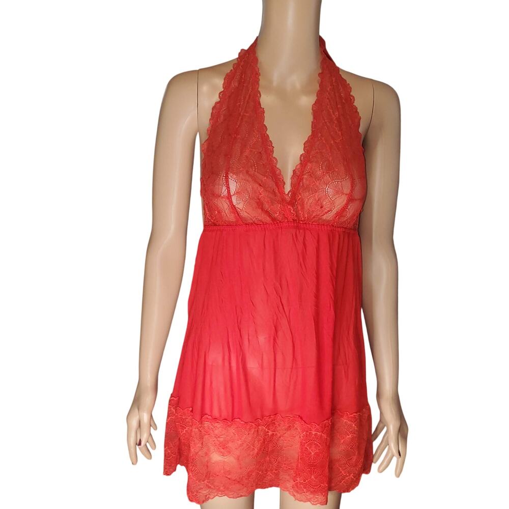 Red Sheer Lace Babydoll Nightie 1X Y2K Halter Open Back Coquette Romantic